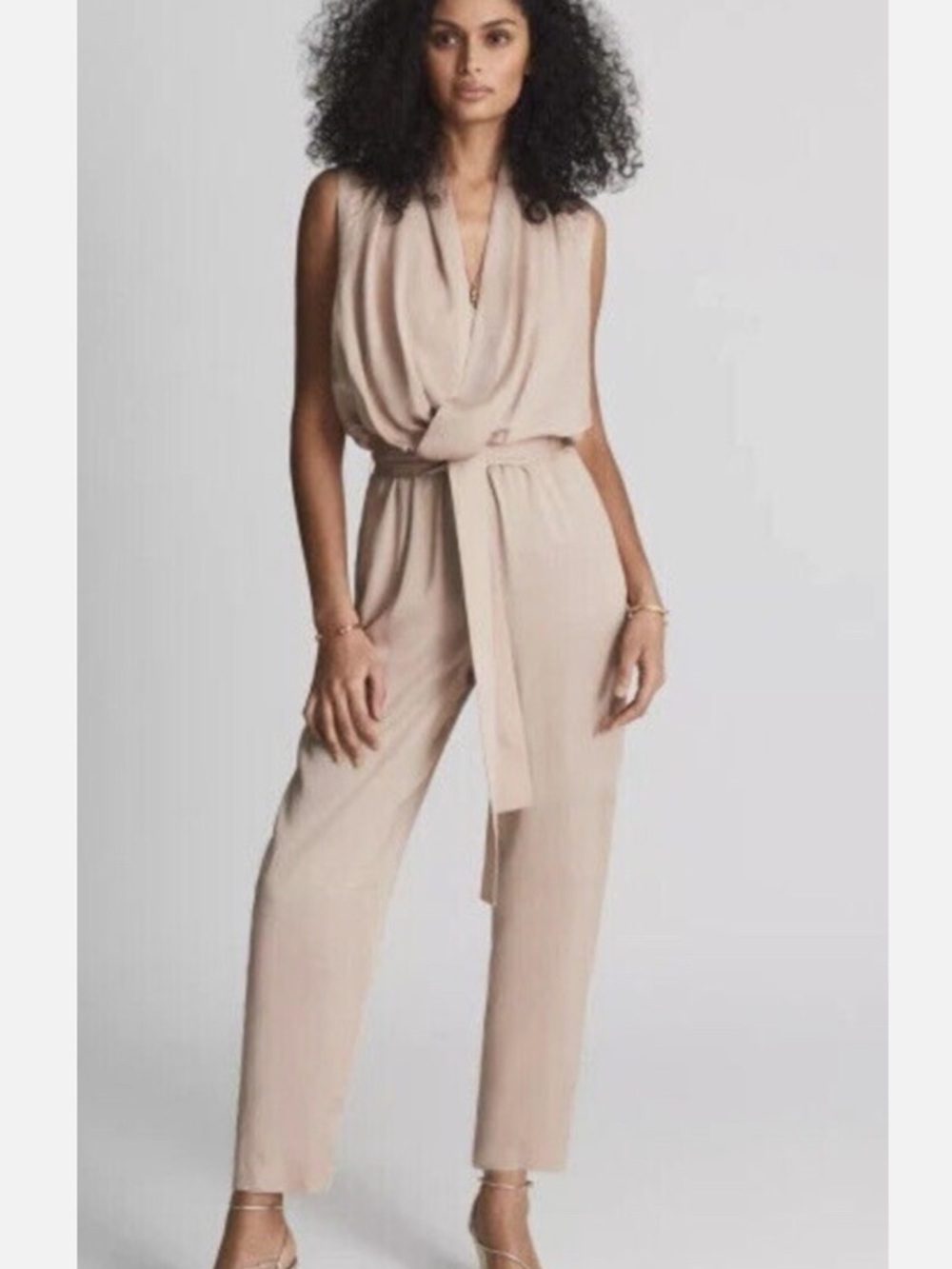 Reiss Kali Drapped belted sleeveless Jumpsuit in nude/tan, size S